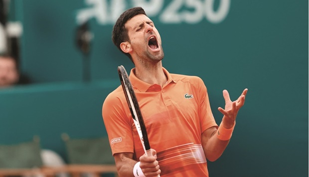 Serbiau2019s Novak Djokovic reacts during his match against Serbiau2019s Miomir Kecmanovic at the Serbia Open, an ATP 250 series tournament, in Belgrade yesterday. (AFP)