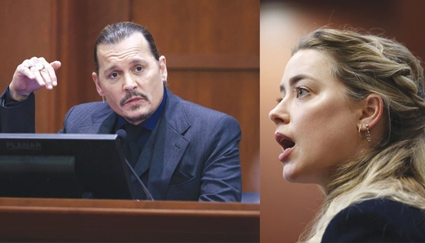 Johnny Depp testifies (left) and ex-wife Amber Heard reacts during the Depp vs Heard defamation trial at the Fairfax County Circuit Court in Fairfax, Virginia yesterday. (Reuters)