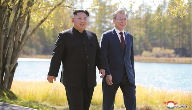 South Korean President Moon Jae-in and North Korean leader Kim Jong-un in a file photo.