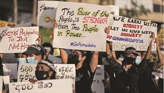 Demonstrators shout slogans against Sri Lankau2019s President Gotabaya Rajapaksa, near the Presidential Secretariat, amid the countryu2019s economic crisis, in Colombo.