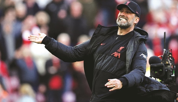 Liverpool manager Juergen Klopp celebrates after his teamu2019s match against Everton at Anfield, Liverpool, yesterday. (Reuters)