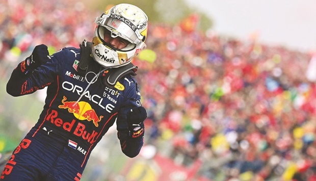 Red Bull Racingu2019s Dutch driver Max Verstappen reacts after winning the Emilia Romagna Grand Prix in Imola, Italy, yesterday. (AFP)