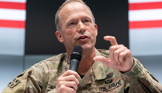 US Army lieutenant general John Kolasheski, the Commanding General of V Corps, speaks with reporters, on April 24, 2022, in Poland near the Ukraine border.