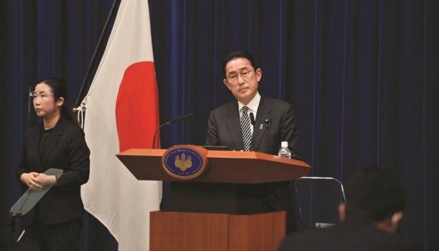 Japanu2019s Prime Minister Fumio Kishida attends a news conference in Tokyo on April 26. The government will compile an extra budget and pass it through the current parliament session to replenish reserves and secure funds to deal with any resurgence in Covid-19 infections or prolonged rises in fuel costs, Kishida said.