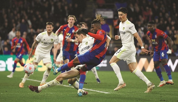 Crystal Palaceu2019s Wilfried Zaha shoots at goal during the Premier League match against Crystal Palace at the Selhurst Park in London on Monday night. (Reuters)