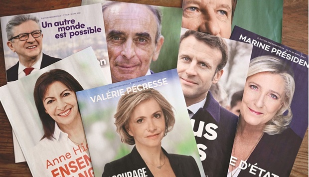 This picture taken yesterday in Marseille, southern France, shows electoral leaflets of various presidential candidates ahead of the first round of the French presidential election.