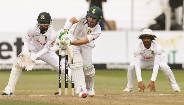 South Africau2019s captain Dean Elgar bats during the first Test against Bangladesh in Durban last week. (AFP)