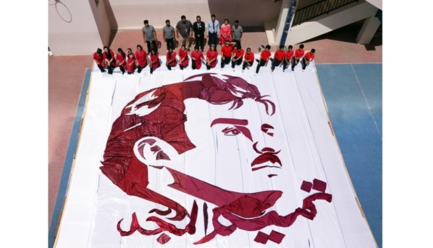 Birla Public School, in connection with its 18th Foundersu2019 Day celebrations, showcased a giant portrait of His Highness the Amir Sheikh Tamim bin Hamad al-Thani, crafted with white and maroon satin fabrics.
