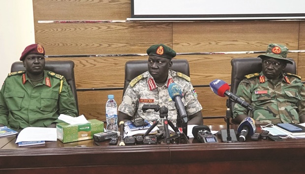 Sudanu2019s People Liberation Army in Opposition (SPLA-IO) acting Chief of Staff, Lieutenant General Gabriel Duop Lam (left) with Deputy Chief of South Sudan Peopleu2019s Defence Forces, Lt Gen Thoi Chany Reat (centre) and South Sudan Opposition Allianceu2019s (SSOA) Lt Gen Julius Tabule attend a joint security meeting to de-escalate tensions in Juba, yesterday.