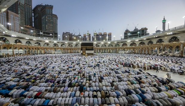 Muslim pilgrims perform prayers around the Ka'aba at the Grand Mosque in Makkah on August 7, 2019, prior to the start of the annual Hajj pilgrimage.