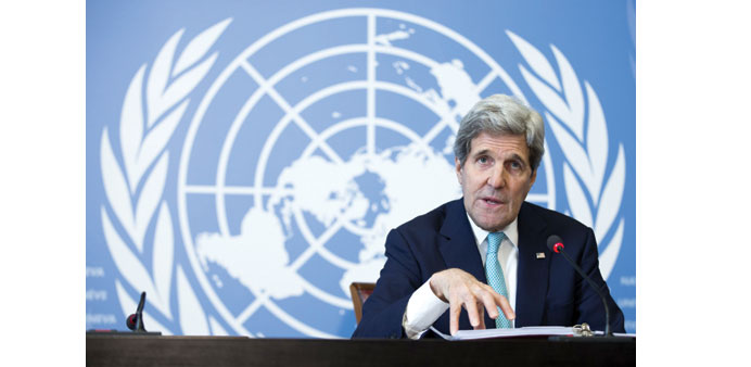 Kerry gestures during a news conference in Geneva after the meeting with Lavrov yesterday.
