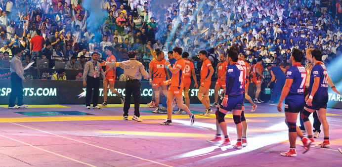 Players of Dabang Delhi and Bengal Warriors preparing for a match in the Pro Kabaddi League in New Delhi.  
