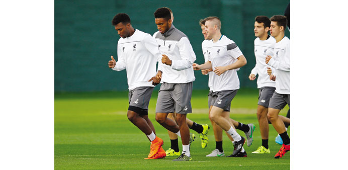  Liverpoolu2019s Daniel Sturridge and team mates during a training session.