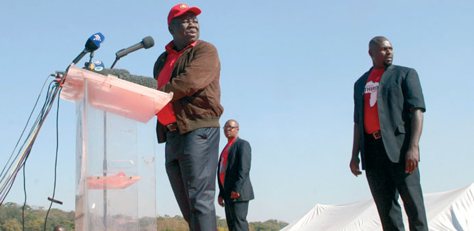  Zimbabweu2019s Prime Minister Morgan Tsvangirai addresses his supporters.