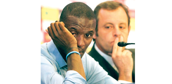 Barcelonau2019s French defender Eric Abidal cries during a press conference in Barcelona yesterday. Abidal announced yesterday he was leaving the club at 