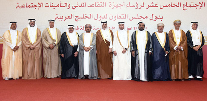 Heads of GCC civil retirement and social insurance authorities at their meeting in Doha yesterday.