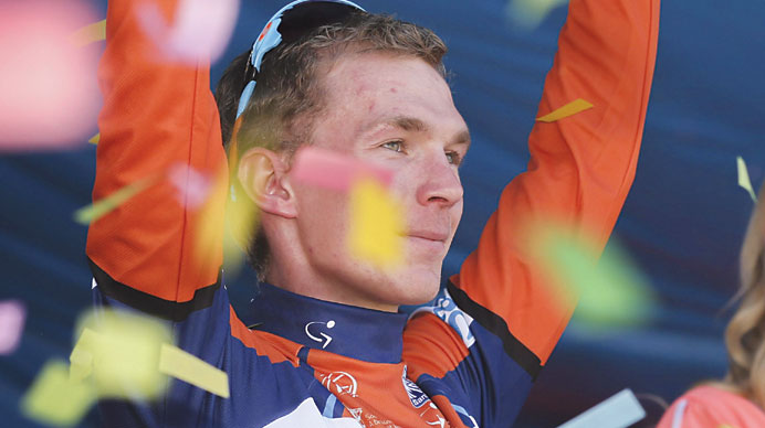 Tom-Jelte Slagter of the Netherlands celebrates after winning the Tour Down Under cycling race in Adelaide yesterday