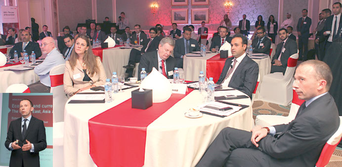 Williams giving the HSBC presentation on renminbi at the Four Seasons yesterday. Right: A view of the gathering.