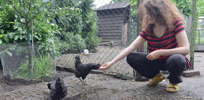 Maren Hofmann feeds hens Odetta and Susanna in her henyard.