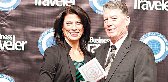 Lisa Markovic accepting the Best Business Class award on behalf of Qatar Airways at the Business Traveler Awards.