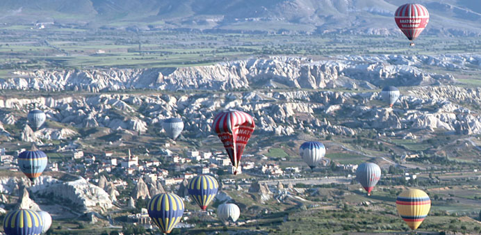 The hot air balloon goes down during a trip yesterday in Cappadocia