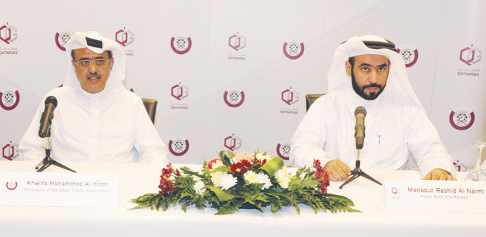 Khalifa Mohammed al-Hitmi (left), president of the Qatar Chess Association, and Mansour Rashid al-Naimi, Public Relations manager of Qatargas, address