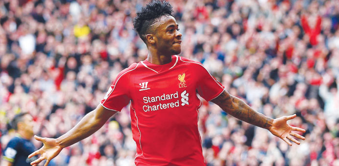 Liverpoolu2019s Raheem Sterling celebrates after scoring a goal against Southampton during their English Premier League match at Anfield in Liverpool. (Re