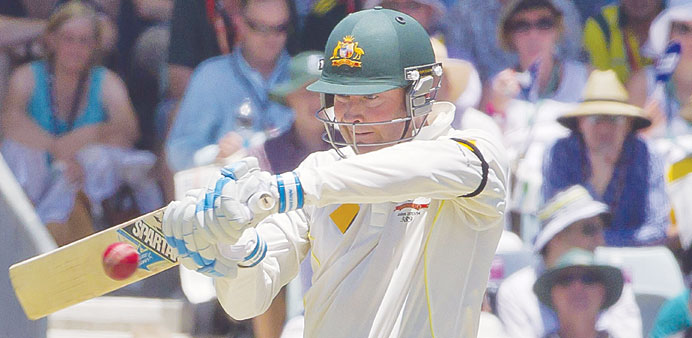 Michael Clarke cuts a ball off the England bowling on the first day of the third Ashes cricket Test match  in Perth yesterday. Clarke won the ICCu2019s Cr