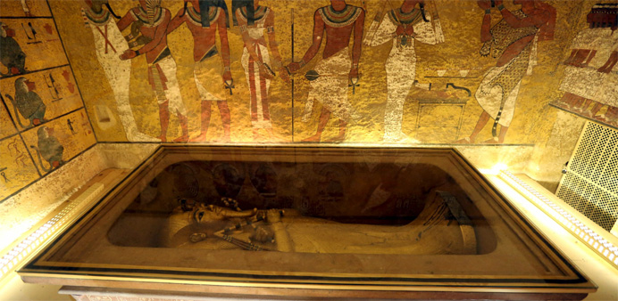 The golden sarcophagus of King Tutankhamun in his burial chamber is seen in the Valley of the Kings, in Luxor, Egypt