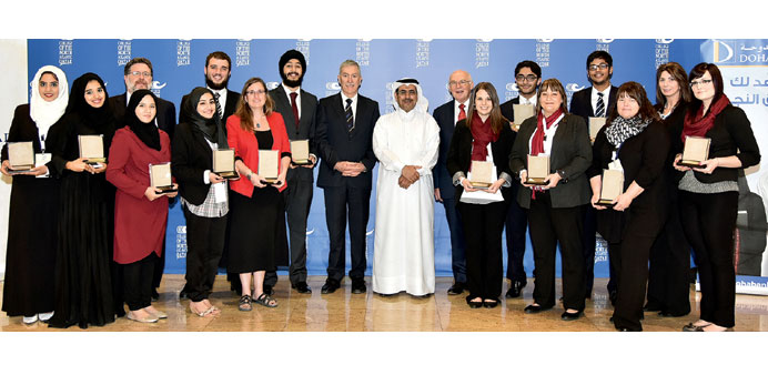 Top three teams at Al Ruwad Competition with Dr Ken MacLeod and Abdulla A Asadi of Doha Bank.