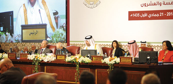 Minister of Economy and Trade HE Sheikh Ahmed bin Jassim bin Mohamed al-Thani speaks at the opening session of the Economic and Social Council of the 