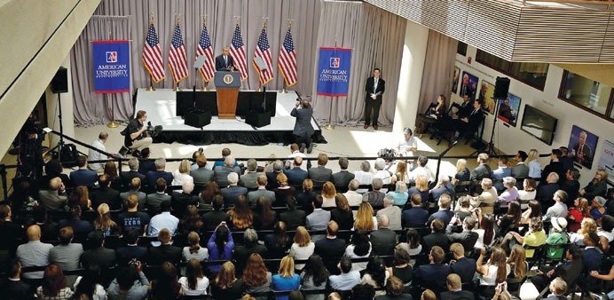 Obama speaks at the American University in Washington yesterday. 