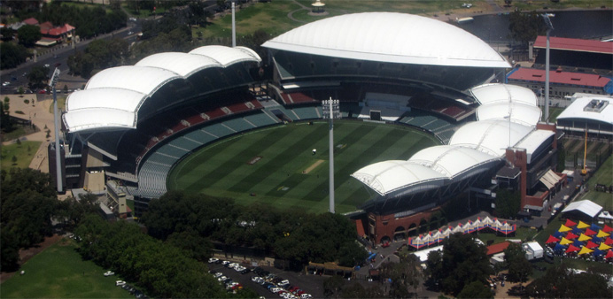 The cricket pitch in the center of the Adelaide Oval 