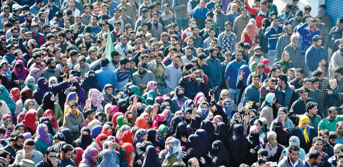 Villagers take part in the funeral of Lashkar-e-Taiba chief Abdul Rehman, known as Abu Qasim, yesterday at Kulgam, south of Srinagar.