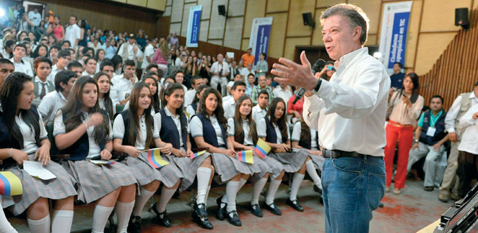 President Juan Manuel Santos speaks to students in Ocana, Norte de Santander department, Colombia.