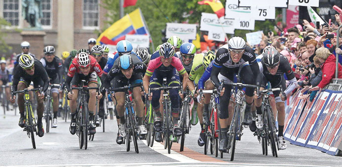 German Marcel Kittel (second right) crosses the finish line to win the second stage of the 97th Giro du2019Italia, Tour of Italy, cycling race in Belfast.