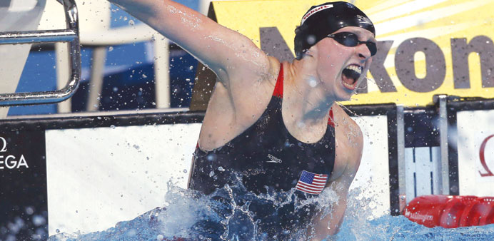 Katie Ledecky of the US celebrates after winning the womenu2019s 400m freestyle final at the World Championships in Barcelona in July this year. (Reuters)