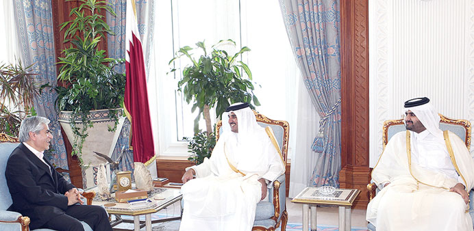 HH the Emir Sheikh Tamim bin Hamad al-Thani with Mohamed Hussein Adli, Secretary General of the Gas Exporting Countries Forum (GECF), at the Emiri Diw
