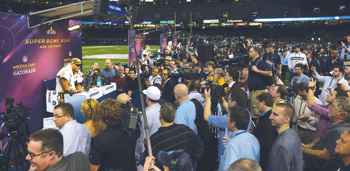 In the Spotlight: Baltimore Ravensu2019 linebacker Ray Lewis talks to the reporters on the Super Bowl Media Day.