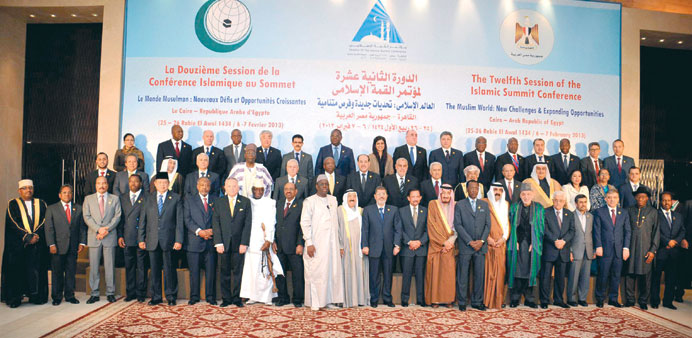 Leaders pose for a group photo before the opening of the Organisation of Islamic Co-operation summit in Cairo yesterday.