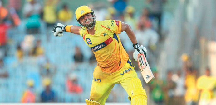 Chennai Super Kingsu2019 Suresh Raina celebrates his century during match 45 of the Indian Premier League against Kings XI Punjab at the MA Chidambaram St