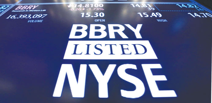 The BlackBerry ticker is displayed on a screen at the post that trades the stock on the floor of the New York Stock Exchange yesterday.