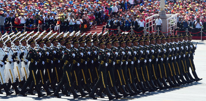 Chinese soldiers march in a military parade at Tiananmen Square in Beijing to mark the 70th anniversary of victory over Japan and the end of World War