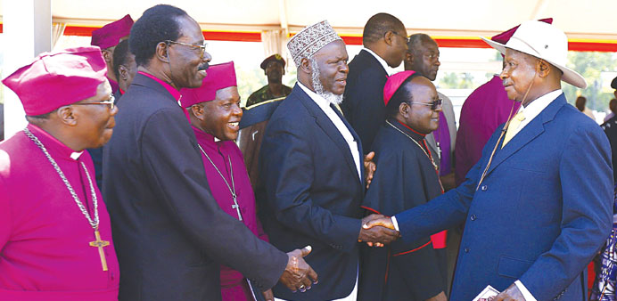 Ugandau2019s President Yoweri Museveni (second right) meets religious leaders in Kampala yesterday.