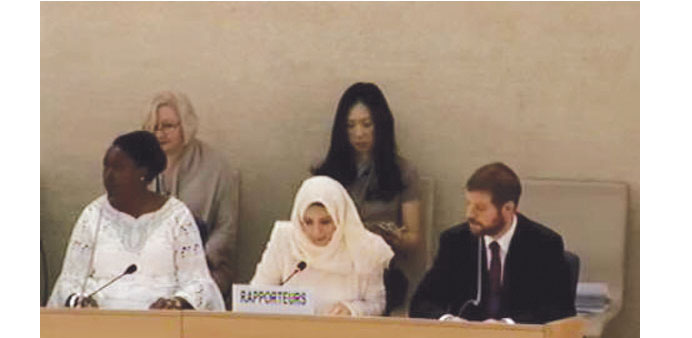 File photo of Noor Ibrahim al-Sada, second secretary at the Permanent Mission of Qatar to the United Nations at Geneva, attending a meeting.