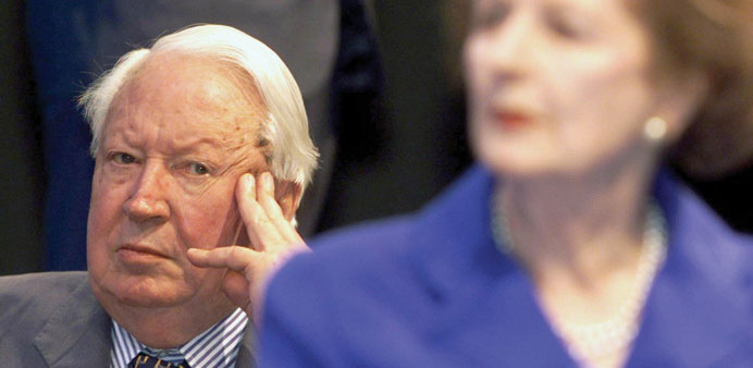 Former prime ministers Lady Thatcher and Edward Heath listen to speeches at the 115th Conservative Party conference in Bournemouth in October 1998.