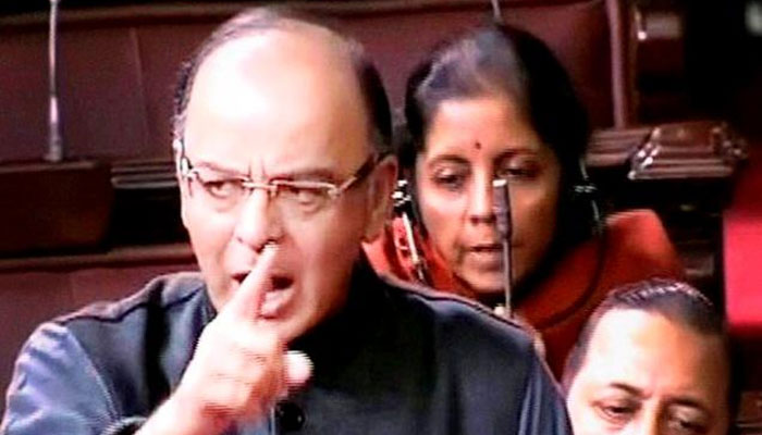 Finance Minister Arun Jaitley speaks in parliament's upper house on Tuesday