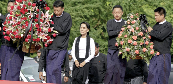 Myanmar democracy leader Aung San Suu Kyi arrives to salute her father, late General Aung San and other martyrs, at the Martyrsu2019 Mausoleum on the 67th