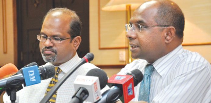Parliament speaker Abdullah Shahid, right, deputy speaker Ahmed Nazim during a media conference in Male.