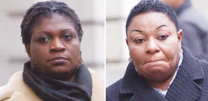 Yvonne Musonda-Malata, left, and Christine Onade arriving for their tribunal hearing in London yesterday.